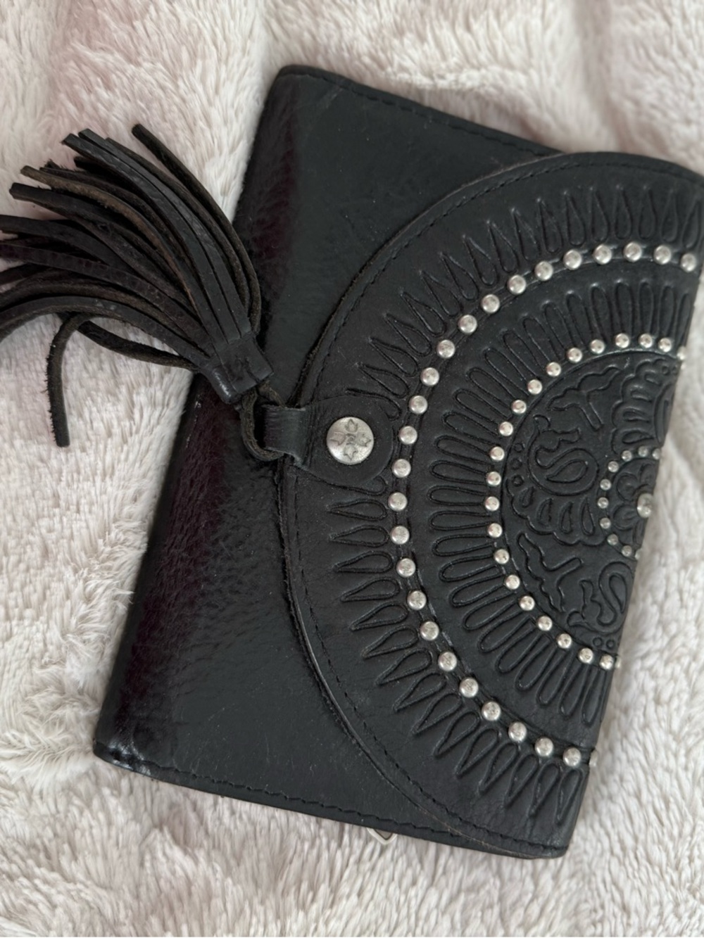 Patricia Nash Black Embossed Leather Tassel Wallet with Stud Detail